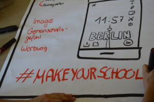 Ein Plakat mit einer Skizze eines Smartphones. Darunter steht #makeyourschool.