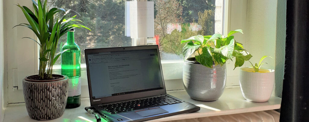 Auf einem Fensterbrett stehen ein geöffneter Laptop, drei Pflanzen und eine grüne Flasche. An dem Fenster klebt ein weißer Notizzettel.