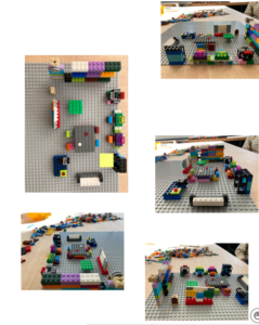 Mehrere Fotos zeigen ein aus Legosteinen gebautes Modell eines Raumes mit Möbeln und Geräten.