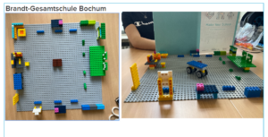 Aus Legosteinen ist das Modell eines Raumes mit Möbeln und Geräten dargestellt.